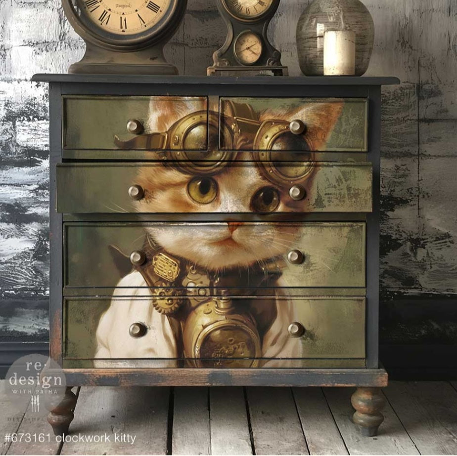 DECOUPAGE FIBER PAPER - CLOCKWORK KITTY